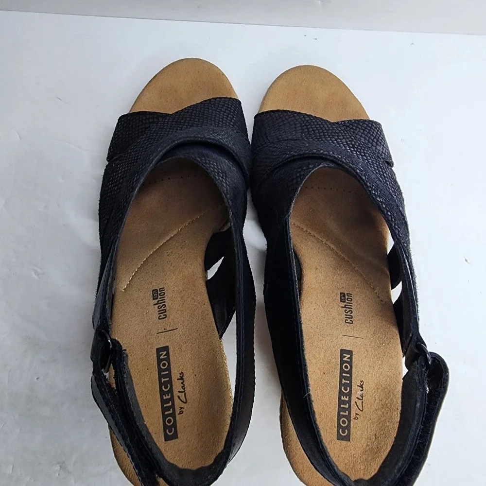 Clarks Lafley Krissy Leather Wedge Espadrille‎ Sandals Black Sz 8.5 Adjust Strap